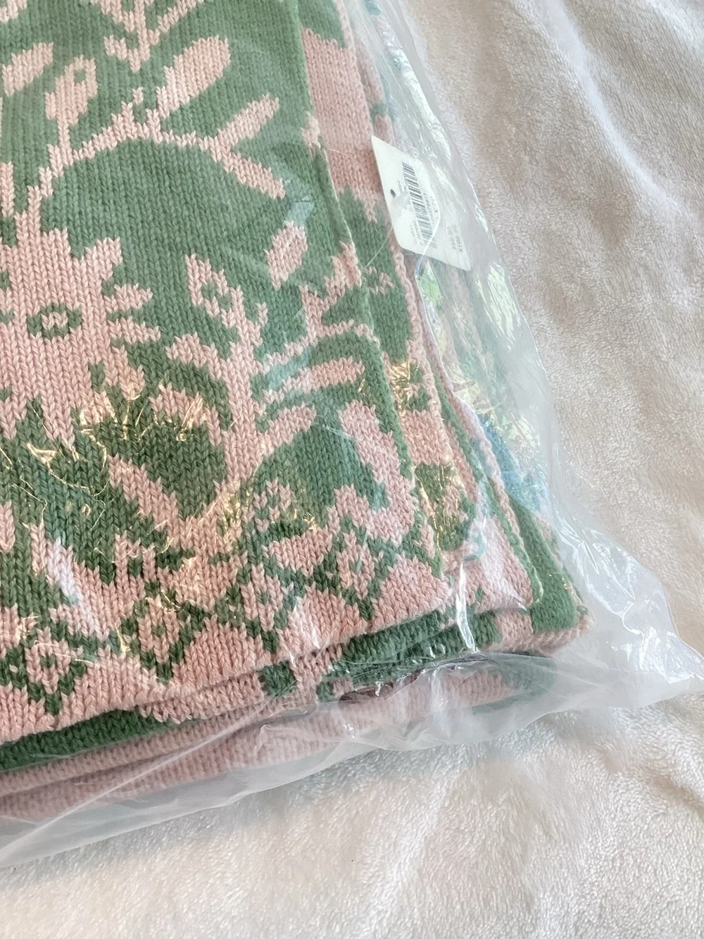 Anthropologie Bunny Throw Blanket Cotton Knit New Green Pink Bunnies 50x70